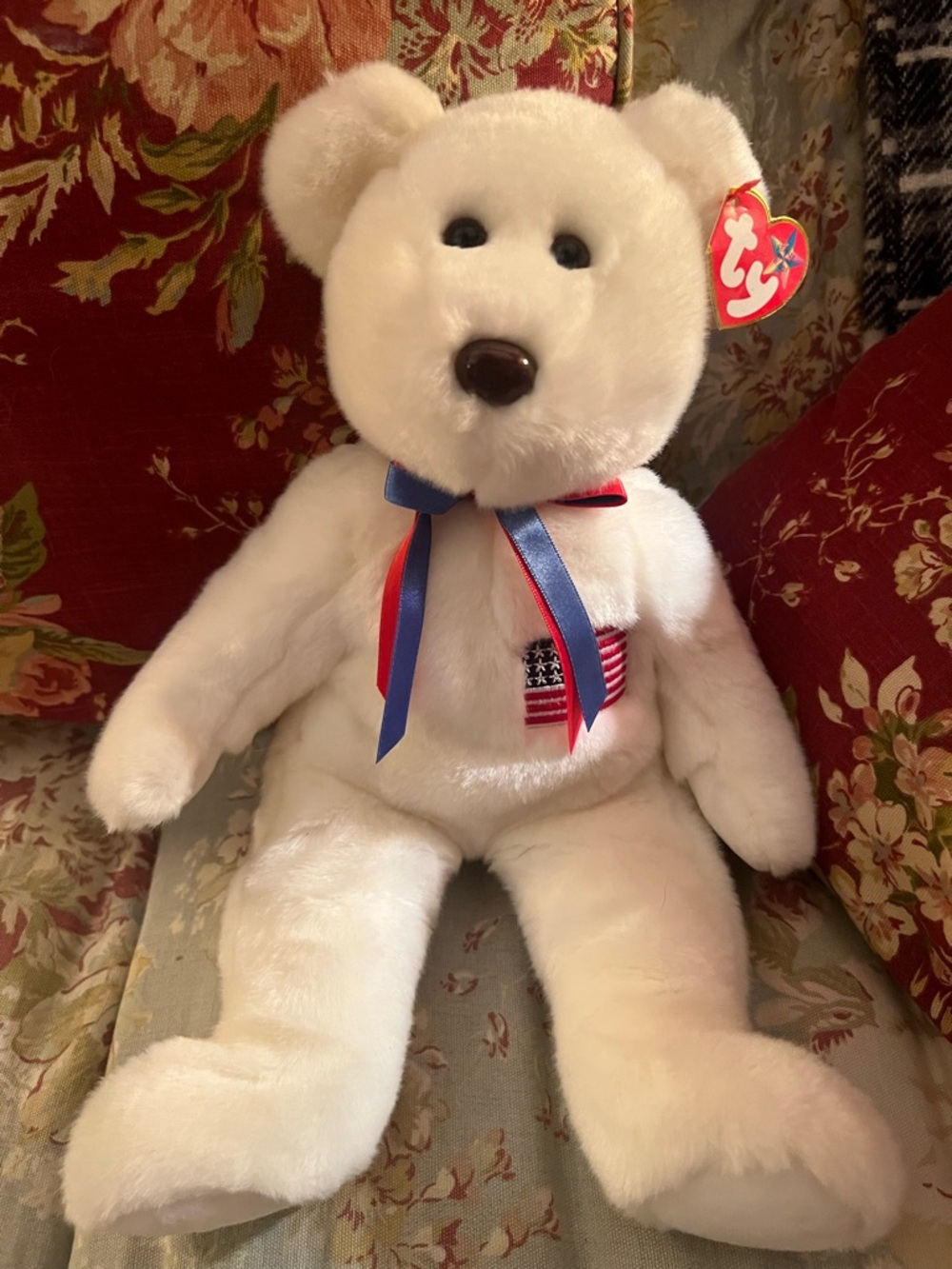 Ty White Plush Patriotic Bear with Red and Blue Ribbon Liberty Bear